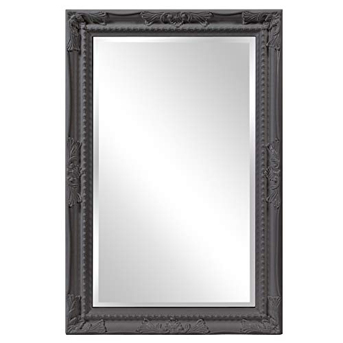 Image of Howard Elliott Collection Queen Ann Rectangular Glossy Charcoal Wall Mirror, Rectangle Hanging Wood Framed Vanity Mirrors for Home Decor, Living Room, Bathroom, Bedroom, or Hallway, 24 x 36 Inch