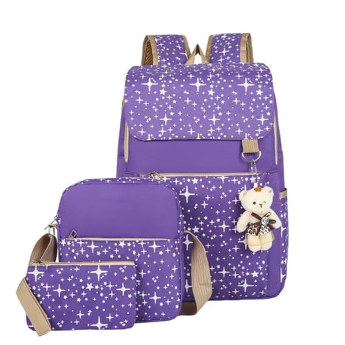 Kids Backpack School Bag Set - Girls Boys Waterproof Bookbag Rucksack Daypack 3 Piece Set with Crossbody Bag, Pencil Case or Phone Bag for Teenage Primary Secondary Junior High School (Purple)