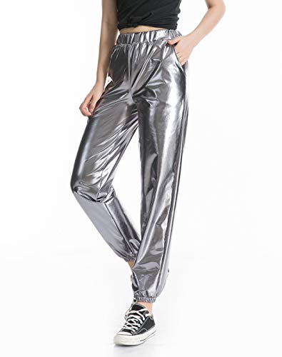 Zaxicht Womens Metallic Shiny Jogger Pants, Casual High Waisted Harem Pant Holographic Color Hip Hop Trousers Streetwear (Gray, Xl) #TOP2