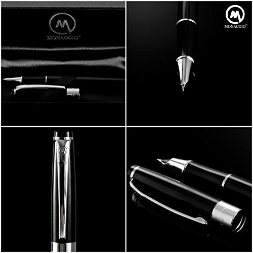 Luxury Black Fountain Pen With Beautiful Case Set, Fine Silver Nib And Refillable Converter. Perfect Calligraphy Pens To Make Your Point. Works Smoothly With International Disposable Ink Cartridges #TOP2