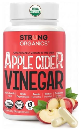 Strong Organics Apple Cider Vinegar Caps with Mother (10% Acetic Acid-Double Strength) – USA Grown Organic Apples – Digestion & Bloating Support – Keto, Vegan, Kosher – 120 Count