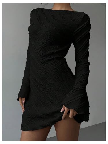 Floerns Women's Summer Mini Dress Flare Sleeve Boat Neck Textured Going Out Dresses2