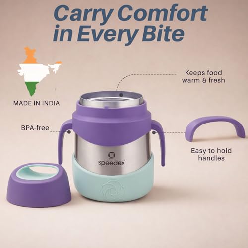 Image of Speedex Kids Insulated Food Jar 320ml Lilac Fun (Purple), 304 Stainless Steel Lunch Box with Handle & Spork, Leak Proof BPA-Free Double Wall Vacuum Tiffin, Hot & Cold Food Container