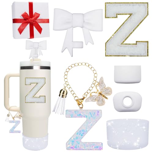 Miglaja White Accessories for Stanley Cup 30OZ 40OZ, All Accessories Gift Box Contain Flower Straw Topper, Sillicone Boot, Letter Stickers and Pendants,Spill Stopper Set (White Z)