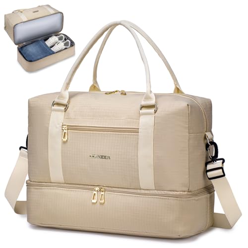 COSCOOA Travel Duffel Bag for Spirit Frontier Airlines Personal Item Bag 18x14x8 with Shoe Compartment Tote Carry on Luggage 32L Weekender Overnight for Women Men Beige