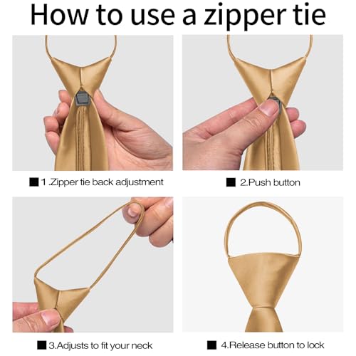 Image of YourTies Zipper Tie for Men Adjustable Pre-tied Satin Neckties and Pocket Square Set Solid Color Business Formal Wedding