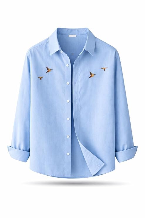 Image of Men's Cotton Blend Casual Wear with Bird Embroidery | Regular Fit Full Sleeve Button Down | Lightweight Summer Style for Daily, Office & Party