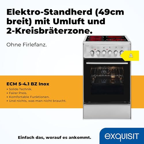 Exquisit Standherd ECM 5-4.1 BZ Inox | Standherd 50cm mit Glaskeramik Kochfeld | 2-Kreis-Bräterzone | Umluft | Grill | Elektroherd freistehend 50 cm