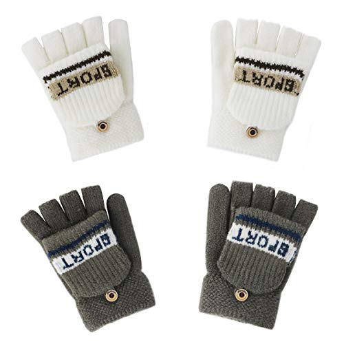 ORVINNER 2 Pairs Kids Winter Gloves Boys Convertible Fingerless Toddler Gloves, Children Warm Thicken Knit Gloves Baby Mittens (White/Gray-Green, 3-10 Years)
