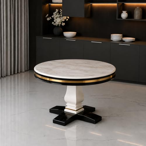 Image of RK Deck Wooden Round Dining Table Set of 4 | Luxury Marble-Effect Sunmica Top | Modern 4 Seater Dining Table with Velvet Upholstered Chairs | Sheesham Wood Legs | Dining Set for Dining Room