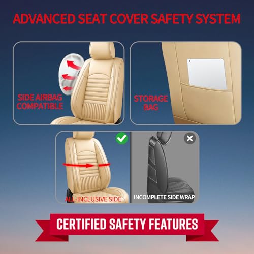 Image of Fit Acadia Car Seat Covers (Only Front 2 Seats) Compatible with GMC Acadia 2007-2024 2025 2026-Full Coverage Breathable Leather, Airbag Compatible, Waterproof & All-Weather, Beige