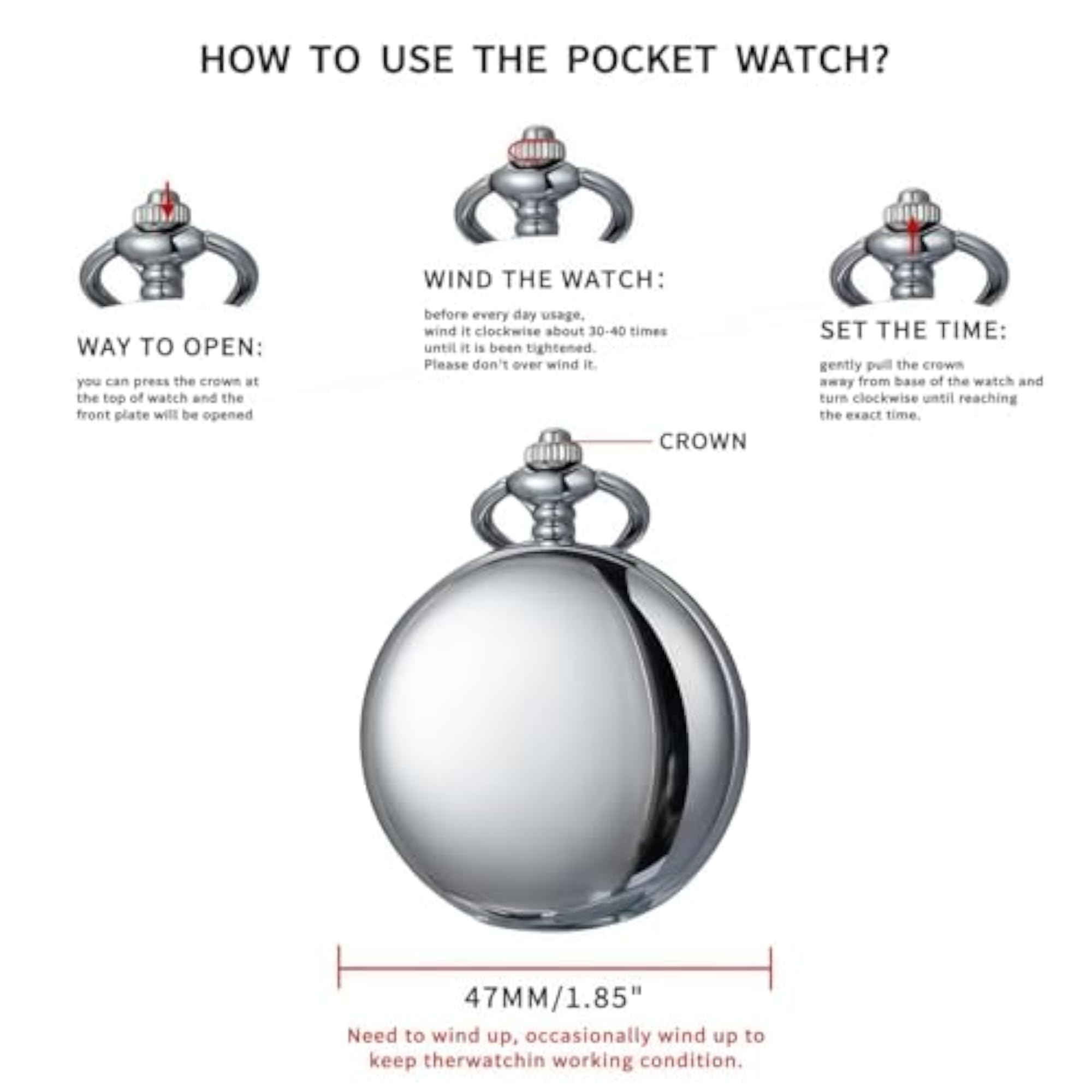 Retro Silver Mechanical Pocket Watch with Chain, Gift for Him