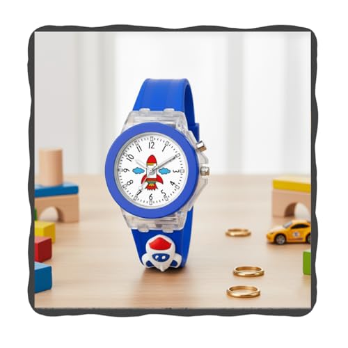 PAPIO® Blue Color Silicone Band Cute Cartoon Design Multi-Function 7 Color Light Analog Wrist Watch for Kids, Children, Boys, and Girls (KD-047)