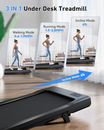 Image of DeerRun Walking Pad with 6% Incline, 3 in 1 Under Desk Treadmill for Home Office & Small Spaces, 2.5HP Quiet Walking Pad Treadmill with 300lb Capacity, 0.6-3.8MPH, App & Remote Control