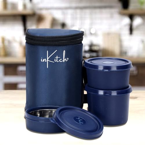 Image of Microwave Safe Lunch Box Set with Bag, 3 Containers (250 /400 /500 ml), Blue | Outer Plastic & Inner Stainless Steel Tiffin Box | Leakproof Lunch Boxes