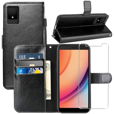YJROP for TCL K11 Case,with Screen Protector,PU Leather Wrist Strap Card Slots Shockproof Protective Flip Cover Phone Wallet Case for TCL K11 T432W, Black Cover