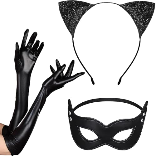 Cat Woman Katzenkostüm 3PCS Katze Kostüm Set Katzenkostüm Damen Kinder Katzenohren Haarreif Masken Handschuhe Katzenfrauenkostüm Katze Kostüm...