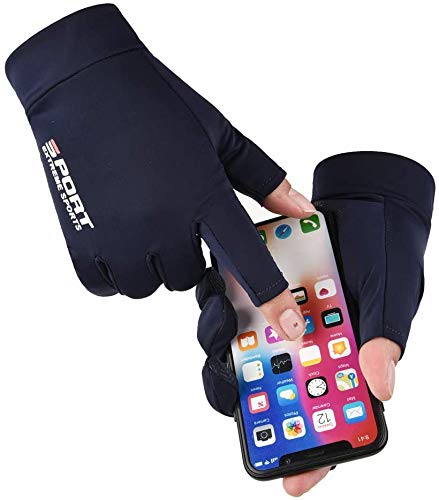 YHT Jogging Cycling Walking Neoprene Fishing Gloves 2 Cut Fingers Flexible Great for Photography Fly Fishing Ice Fishing Running Touchscreen Texting Hiking for Men and Women (Navy Blue,Medium)