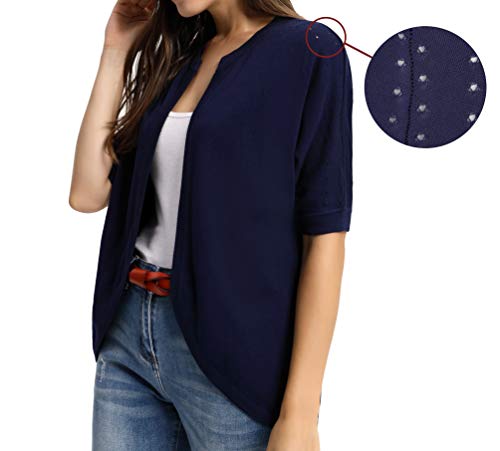 Women Casual Lightweight Short Sleeve Cardigan Open Front Knit Sweater Navy Blue L #TOP1
