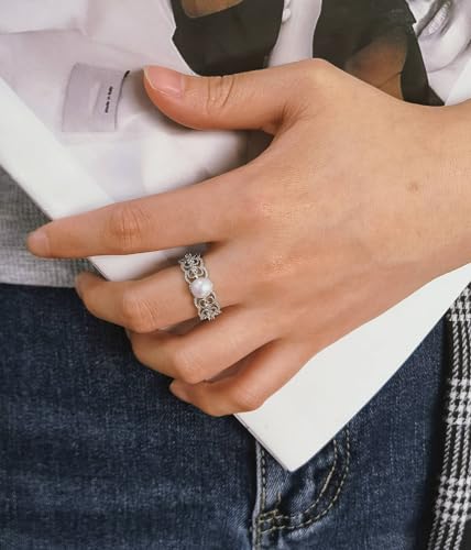 Silver Pearl Ring, Real Freshwater Pearl Rings for Women, Luxury Wedding Ring with Cubic Zirconia, Adjustable June Birthstone Ring Jewlery Gift4