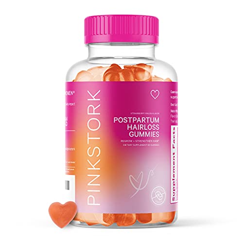Pink Stork Postpartum Hair Loss Gummies: Hair Skin and Nails Vitamins, Postnatal Vitamins, Biotin for Hair Regrowth + Strengthening, Postpartum Essentials for Moms, Women-Owned, 60 Strawberry Gummies