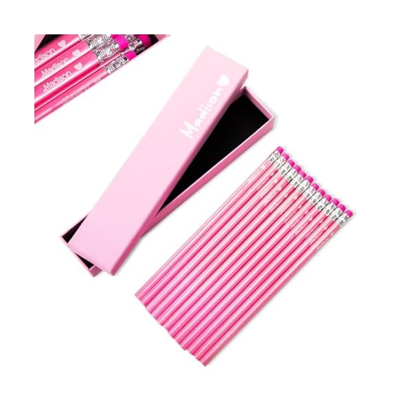Personalized Pencils with Name Pink HB Pencil Set 12 Pcs Pencils with Eraser in Delicate Box Back to School Girls Kids Student Teacher Gift Custom Name HB Pencils Graphite Pencils Stationery Gift