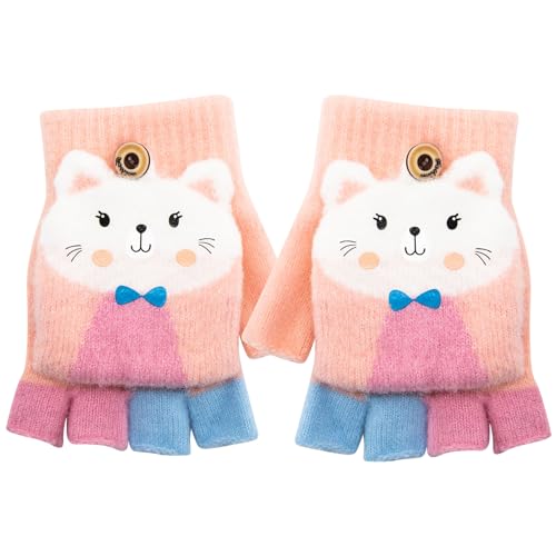 Kinder Fingerlose Handschuhe Winter Warm Convertible Flip Top Handschuhe Weiches Strickfutter und elastische Niedlich Cartoon für Kinder Junge Mädchen 7-10 Jahre (Rosa, Katze)