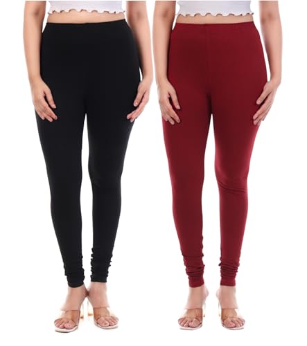 Image of TPF Women Solid Cotton Lycra 4 Way Stretchable Leggings | Combo Pack of 2 Comfortable Churidar-Length Slim Fit Leggings for Women & Girls