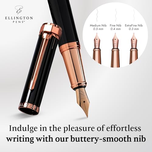 Image of Ellington Pens Luxury Fountain Pen Set - Extra Fine Nib- Includes 3 Ink Cartridges, Refillable Ink Converter, Gift Box- Fountain Pens For Writing, Calligraphy, Journaling, Sketching (Midnight Rose)