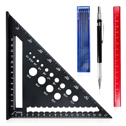 7 inch Speed Square Metric with 14 Types of Drill Holes,Triangle Ruler,Aluminum Alloy Carpenters Measuring Square,Carpentry Tools and Equipment (Black)