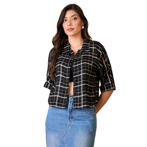 Image of Chimpaaanzee Women Checks Half Sleeve Crop Shirt