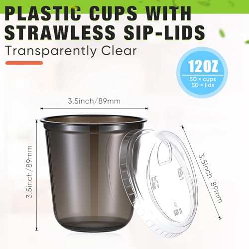 Ziliny 50 Sets Clear Plastic Coffee Cups with Sip Lids, Disposable Plastic PET Crystal Cups for Iced Coffee, Smoothie, Cold Beverage, Drink Shops and Party Catering(Black,12 oz)