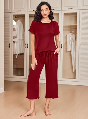 Image of Ekouaer 2 Pack: Women's Pajamas Set Short Sleeve Sleepwear Capri Pants Pjs Soft Loungewear with Pockets