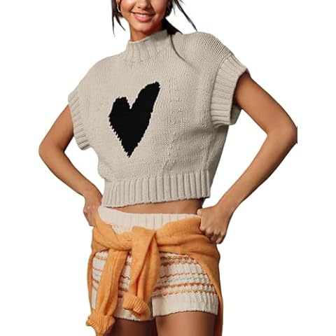 Yuemengxuan Valentine's Day Sweater Vest for Women Mock Neck Knit Tank Tops Cute Heart Sweaters Cropped Pullover Vests Top, Apricot, Large Cover