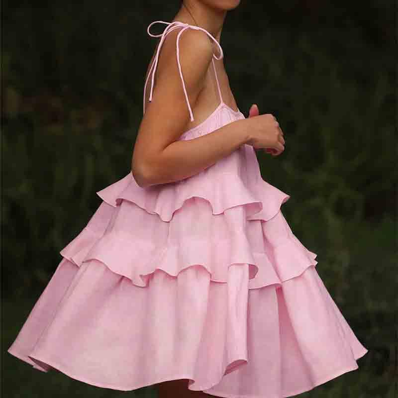 Women's Summer Solid Color Multi-Layer Ruffled Cake Skirt Short Backless Camisole Dress3