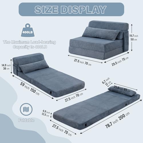 Image of Tiita Convertible Folding Sofa Bed Single Size for Adults with Pillow, Plush Fabric Floor Mattress Couch Bed, Washable Cover & Side Pocket, Guest Room, Dorm, Apartment, Living Room, Blue Gray