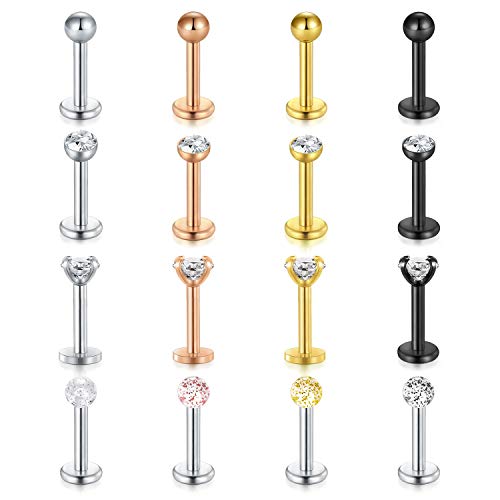 Mayhoop 16Piezas 16G Piercing Labio Labret Oreja Acero Inoxidable Zircón Anillo de Labios Tragus Helix Daith Studs Mujer Hombre Joyería de Piercing 6mm