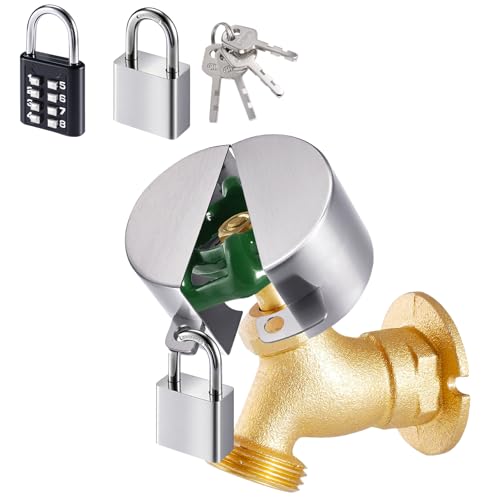 Outdoor Faucet Spigot Lock 2 Locks Water Faucet Locks Outdoor with Metallic Stainless Steel Gate Valve Lock Protecting Water from Unauthorized Use and Vandalism for 1.3-2.5 Valves Hose Bibs (Silver)