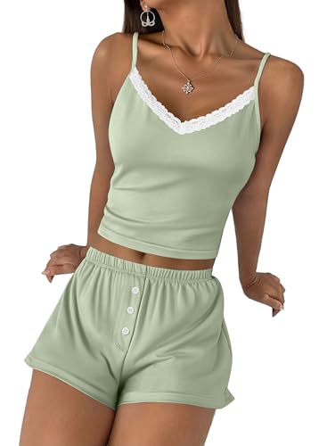 Image of Ekouaer Cami Pajama Sets Y2K 2 Piece Lace Crop Top and Shorts Sexy Pjs Summer Lingerie Sleepwear Nightwear for Women