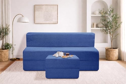 Image of Rosebell Foldable Sofa-Cum-Bed with Ottoman | 3-in-One Foldable Sofa, Lounger & Bed-5x6 Feet Three Seater- Perfect for Home & Office -Blue-Color