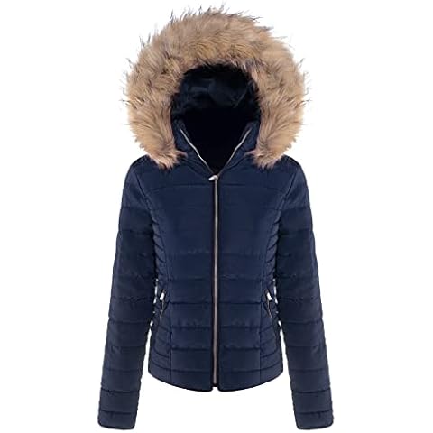 BodiLove Women's Belted Down Puffer Jacket with Faux Fur Trim Hood, Navy5, Medium Cover