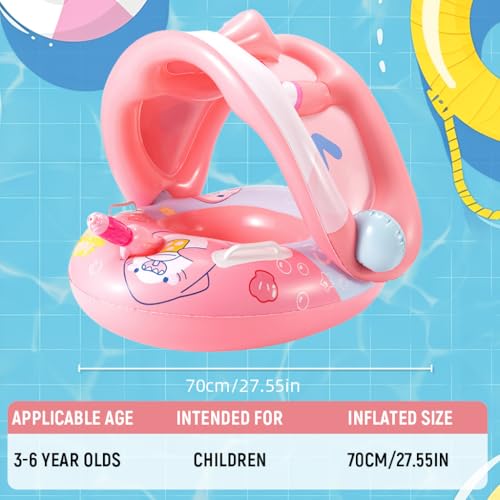 Image of PATPAT Thicken Inflatable Kids Pool Float with Canopy Detachable, Pirate Ship Floaties with Captain & Water Gun, 70CM Swimming Tubes for Boys & Girls Suitable Child for 3-6 Year Olds