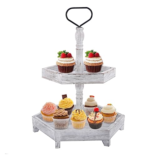Two Tier Tray Distressed Wood 2 Tiered Serving Tray Farmhouse, 15.4" 14.8" Decorative Wooden Rustic Cake Stand For Kitchen Counter Table, Christmas Xmas Decor (Heart-Shaped Handle) #TOP8