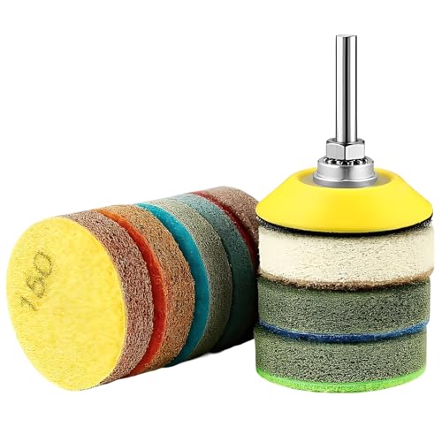 MiJunHD 2inch 50mm Mini Non-Woven Polishing Pad, 8 Different Grit 150#-10000# Sanding Discs & 6mm Round Handle Hook & Loop Backing Holder for Detail Fine Grinding Buffing (9Pcs/Set)