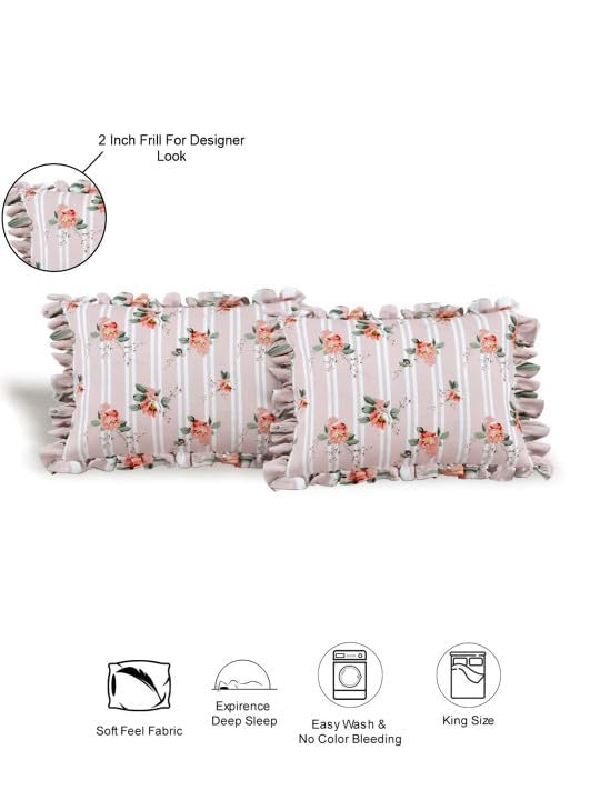 Image of King Size Fitted Bedsheet for Double Bed | 300 TC Cotton Feel Microfiber | All Around Elastic with 2 Frill Pillow Covers | Soft & Durable | (PinkRoseFrill, Fitted -60x78 Queen)