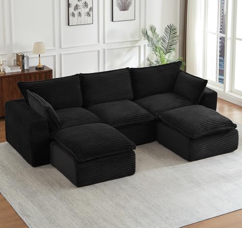 Image of 110 inch Boneless Couch, Modular Cloud Couch Sectional with 2 Ottomans - Double-Layer Memory Foam Deep Seat Couch, Oversized L Shaped Couch for Living Room (Corduroy)