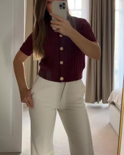 Women Cable Knit Short Sleeved Sweater Cardigan Casual Button Up Soft Solid Sweater Shirt4