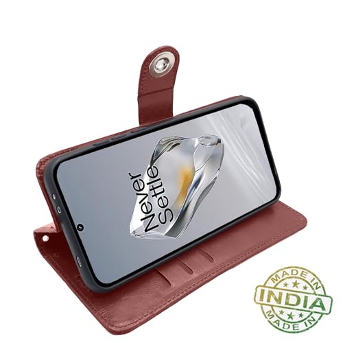 Image of Pikkme OnePlus 12 5G Flip Cover Leather Finish | Inside TPU with Card Pockets | Wallet Stand and Shock Proof | Complete Protection Button Flip Case (Brown)