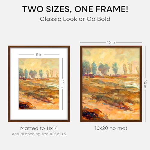 Image of Homeforia 16x20 Picture Walnut Frame, High End Dark Oak 16x20 Wooden Brown Frames with Mat 11x14, 16 x 20 Wood Poster Frame Matted to 11 by 14, 20x16 Hanging Frames, Tempered Glass, Wall Kit, Set of 1