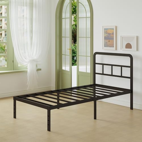 إطار سرير مفرد أسود 3 قدم مع لوح أمامي منحني، إطارات سرير معدنية شديدة التحمل مع شرائح ستيل، ارتفاع 36 سم، مساحة تخزين واسعة، بدون ضوضاء، سهل التجميع من لوتاون-تين